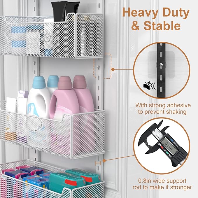 Over The Door Organizer, 8-tier Metal Door Organizer Hanging with Adjustable Baskets, Behind The Door Storage for Bedroom Closet Bathroom Pantry Cabinet Kitchen, White