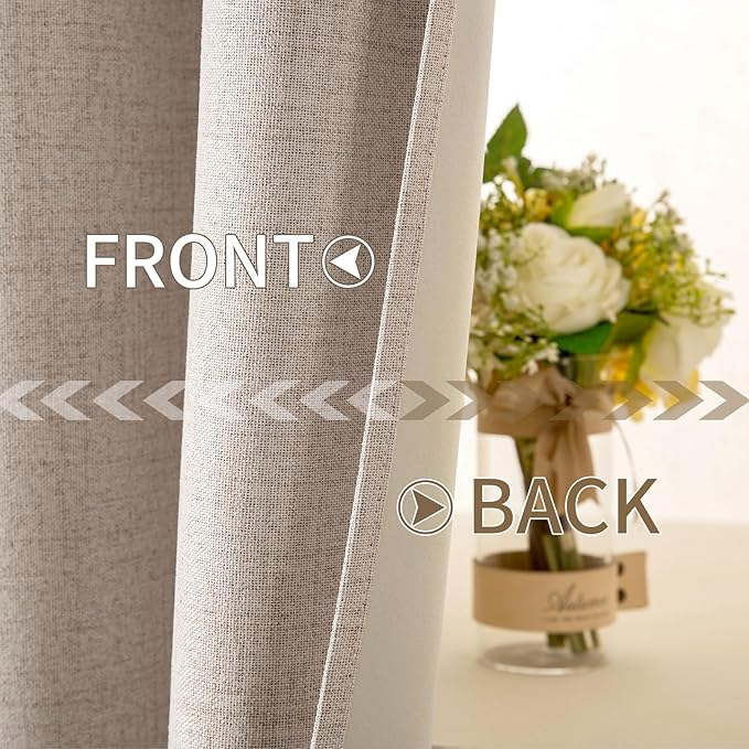 MIULEE 100% Blackout Linen Textured Curtains for Bedroom Solid Thermal Insulated Natural Beige Grommet Room Darkening Curtains & Drapes Luxury Decor for Living Room Nursery 52 x 132 Inch (2 Panels)