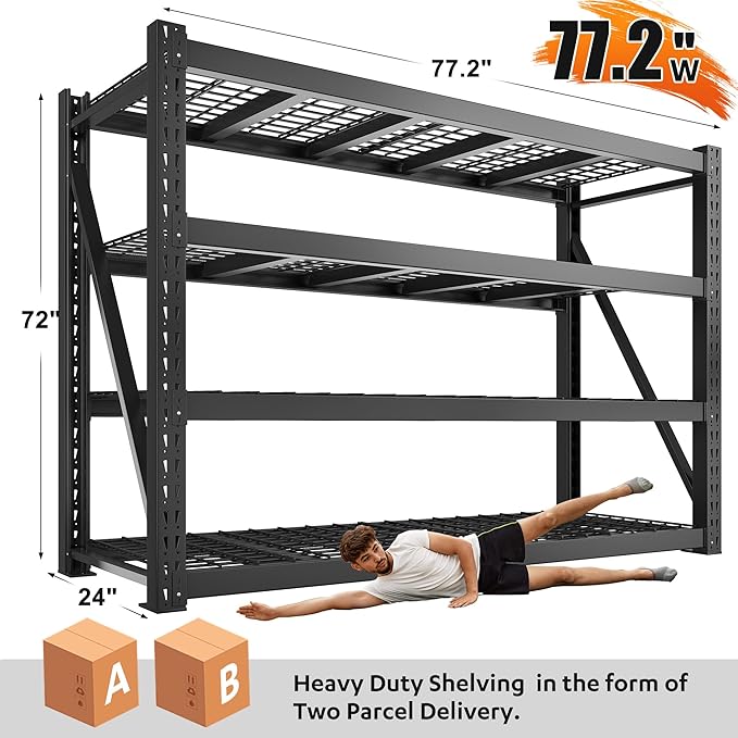 Bepatio 8000LBS Garage Shelving Heavy Duty,77" W Storage Shelves 4 Tier Adjustable Shelves,Metal Shelving Unit, Industrial Storage Shelving for Basement Warehouse Commercial,77" W*24" D*72”H,Black