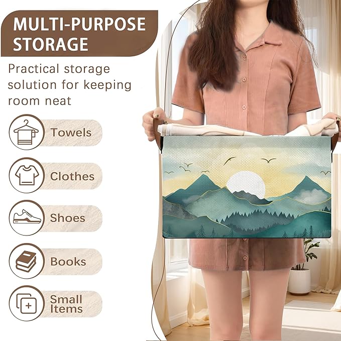 Sun Mountains Storage Basket Large 17x11.5x10.5 Inches - Collapsible Fabric Organizer Bin with Handles for Living Room, Bedroom, Blankets - Decorative Hamper with Scenic Mountain Design - Single Pack