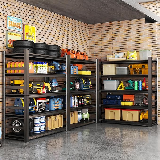 Garage Shelving Units, Heavy Duty 5-Tier Storage Shelves, Metal Adjustable Storage Rack, Steel Shelves, 2750 lbs Capacity, Industrial Shelving for Heavy Tools (Black, 24"Dx47"Wx72"H, 5-tier)