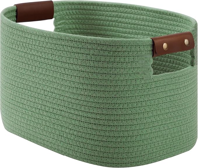 Cotton Rope Basket, Storage Baskets with Handle, 15x10x9 Inch Woven Basket for Shelves, Laundry, Towels, Clothes, Books (Green 1Pack)