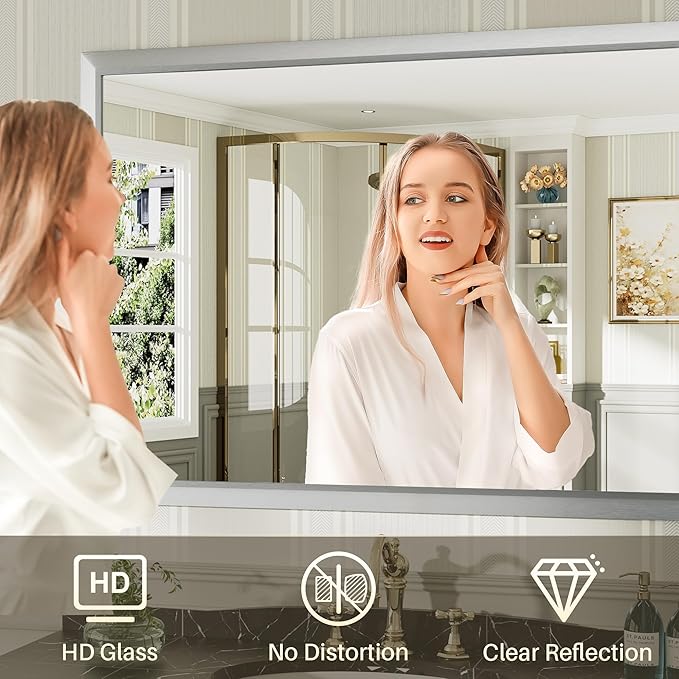 72x32 Inch Brushed Nickel Bathroom Mirror for Wall, Thick Metal Framed Rectangle Mirrors for Over Sink, Bedroom, Living Room, Entryway, Anti-Rust, HD Tempered Glass
