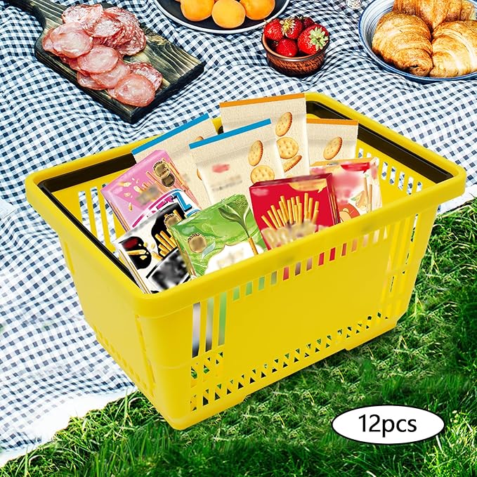 Shopping Baskets Set of 12, 18L Plastic Store Retail Baskets with Handles, Durable Plastic Shopping Cart Portable Grocery Basket for Supermarket Bookstores Grocery Shopping, Yellow