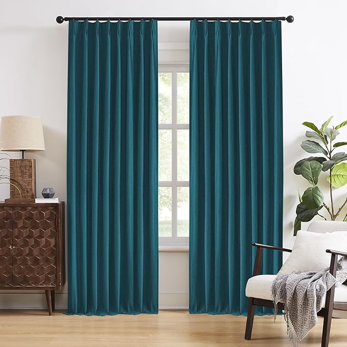 DUALIFE Dark Teal Blue Pinch Pleated Blackout Curtains 92 Inches Long, Back Tab with Hooks, Linen Full Black Out Thermal Insulated Track Curtain for Bedroom Living Room,50 Wx92 L, 2 Panels