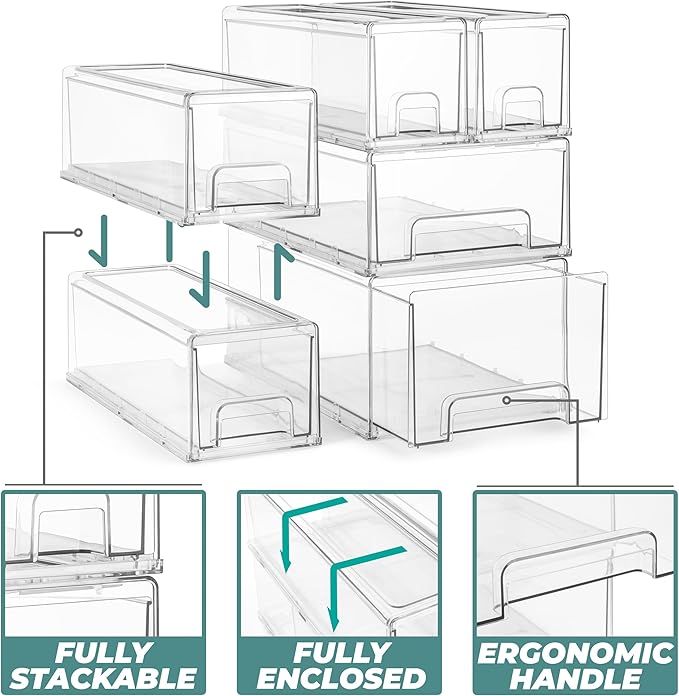 Sorbus Small Wide Clear Stackable Storage Drawers – 4-Pack Plastic Organizer Bins with Handles – Stackable Pull-Out Storage Drawers for Closet, Pantry, Office, Bathroom, Craft, and Toy Organization
