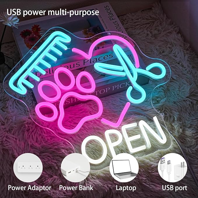 Pet Shop Open Neon Sign Paw Neon Light for Wall Decor, Dimmable Colorful Pet Grooming Salon Open LED Sign for Pet Shop,Pet Hospital,Pet Salon Store