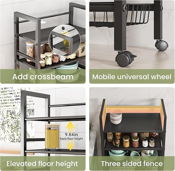 4-Tier Metal Rolling Cart with Removable Grid Shelves, Lockable Wheels & Handle for Kitchen, Bathroom, Office Storage, Black (Medium)