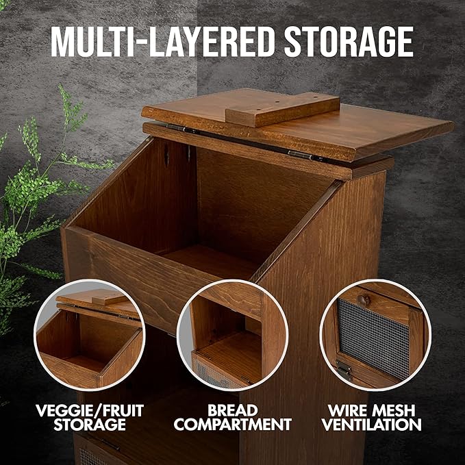 Peaceful Classics Wooden Bread & Veggie Storage Bin w/Lid, Decorative Potato & Onion Bin, Cherry