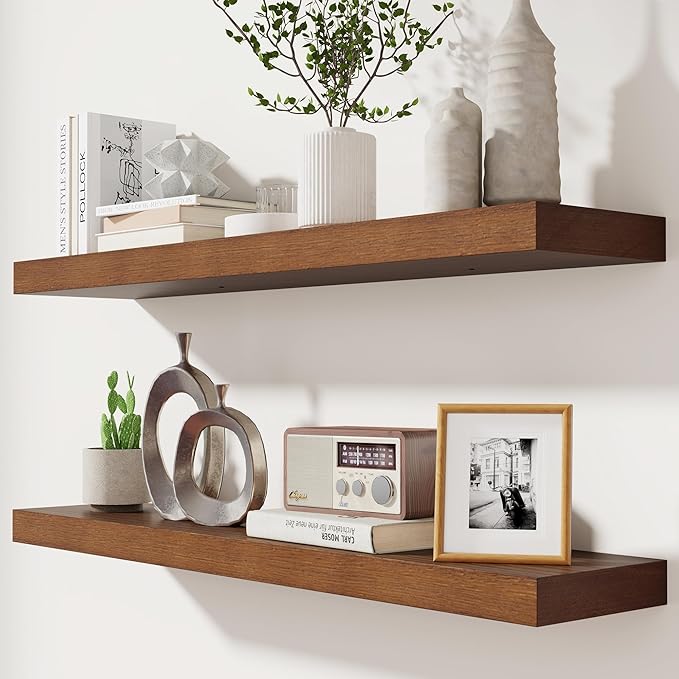 fuqing Rustic Floating Shelves for Wall, 36 Inch Floating Shelves Set of 2, Solid Dark Wood Wall Shelves for Living Room Bedroom Bathroom