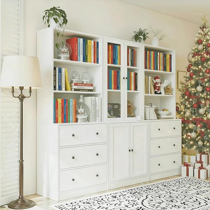 TUSY 71" H Bookshelf Bookcase with Doors, 3-Tier Modern Bookshelves with 3 Large Drawer, Display Bookcase with Glass Doors, Modern 5-Tier Curio Cabinet for Home Office, Dining Room (White, ABA)