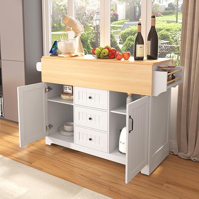 Merax 55.7" Upgraded Large Kitchen Cart Island on Wheels with 2 Drop Leaf,Power Outlet,3 Drawers,Wood Storage Cabinet