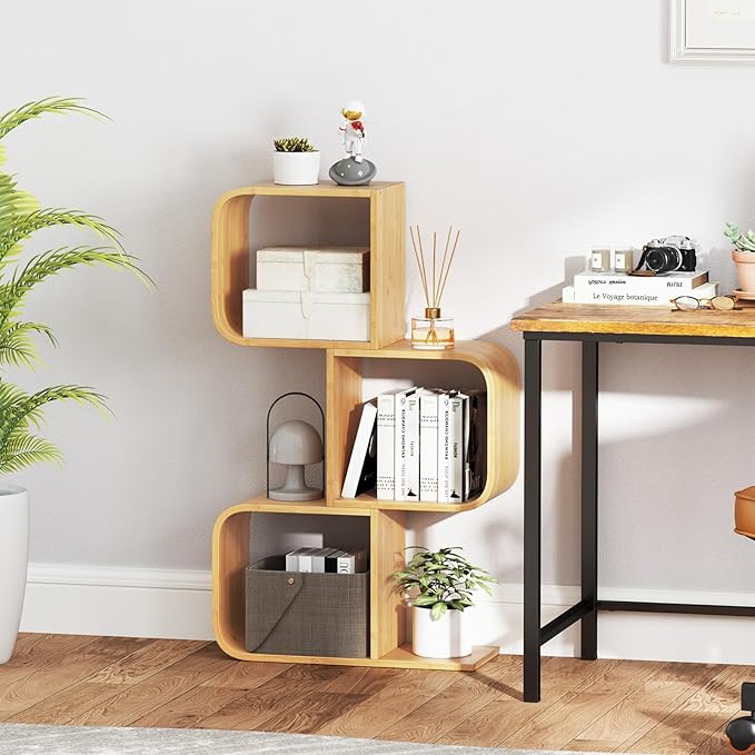 Giantex S-Shaped Bookcase, 3-Tier Bamboo Bookshelf with 3 Open Cubes, Geometric Corner Display Shelf, Decorative Storage Organizer, Floor Storage Rack for Living Room, Home Office, Natural