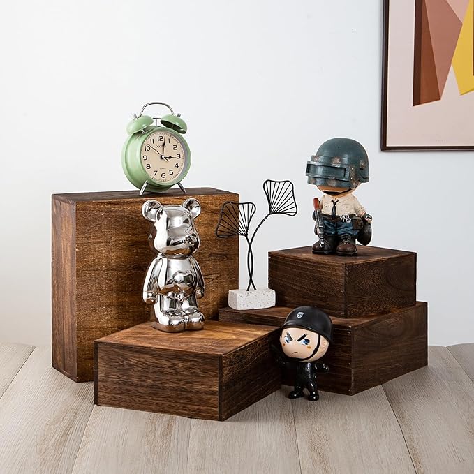Vintage Brown Square Wooden Cake Stands For Display,Set Of 4 Wood Cupcake Stands Risers, 12 Inches Rustic Wood Crates For Wedding Cake Display, (Vintage Brown)