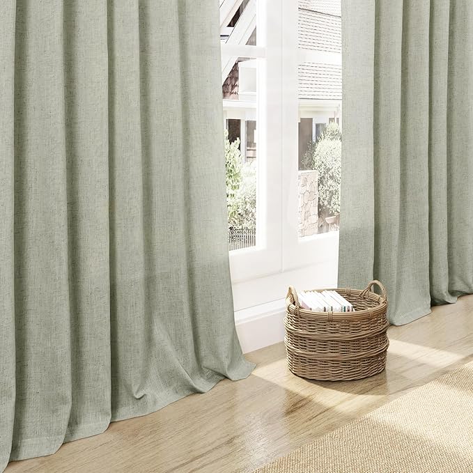Long Sage Green Curtain 2 Panels 105 inches Long for Living Room Back Tab Rod Pocket Light Filtering Semi Sheer Drapes Cotton Linen Textured Pale Green Window Curtain 105 inch Length