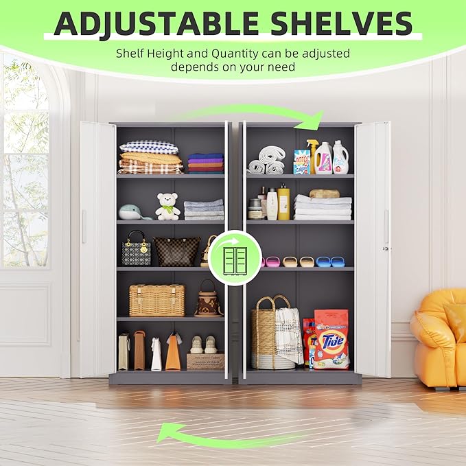 INTEGREAT Metal Storage Cabinet,71" Grey White Office Metal Cabinet with Locking Doors and Adjustable Shelves,Steel Locking Cabinets for Office,Home,Garage,Gym,School