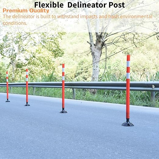 8 Pack Traffic Delineator Posts – High Visibility Reflective Safety Cones with Spring Base for Roadway, Parking, Garage, Construction Zones (Orange, 48 Inch)