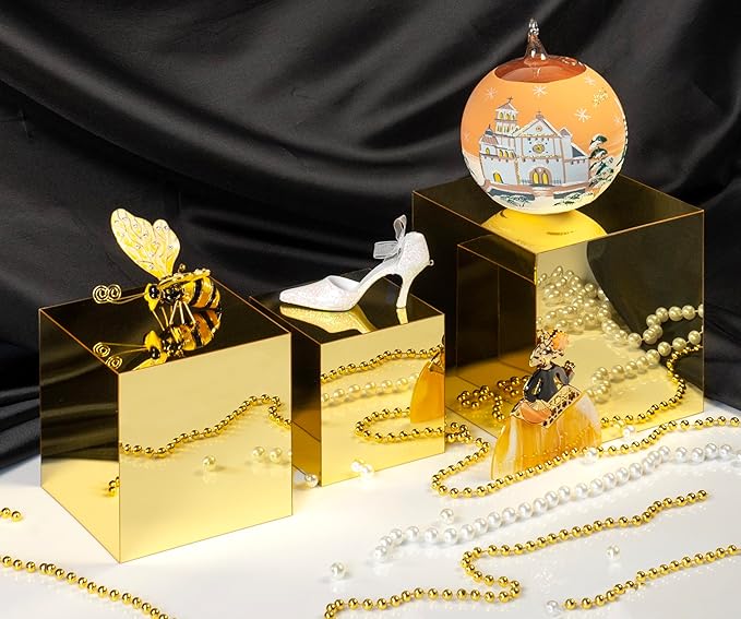 Red Co. Set of 3 Glossy Gold Acrylic Cube Display Nesting Riser Stands with Hollow Bottoms
