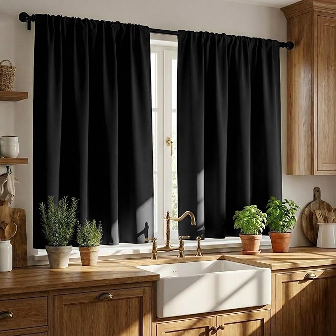 PONY DANCE Short Blackout Kitchen Curtains 36 inch Length, Half Window Cafe Panles, Black Out RV Bunk Drapes, Thermal Insulated Small Curtains for Basement&Camper, W42 x L36 inches, Black, 2 Panels