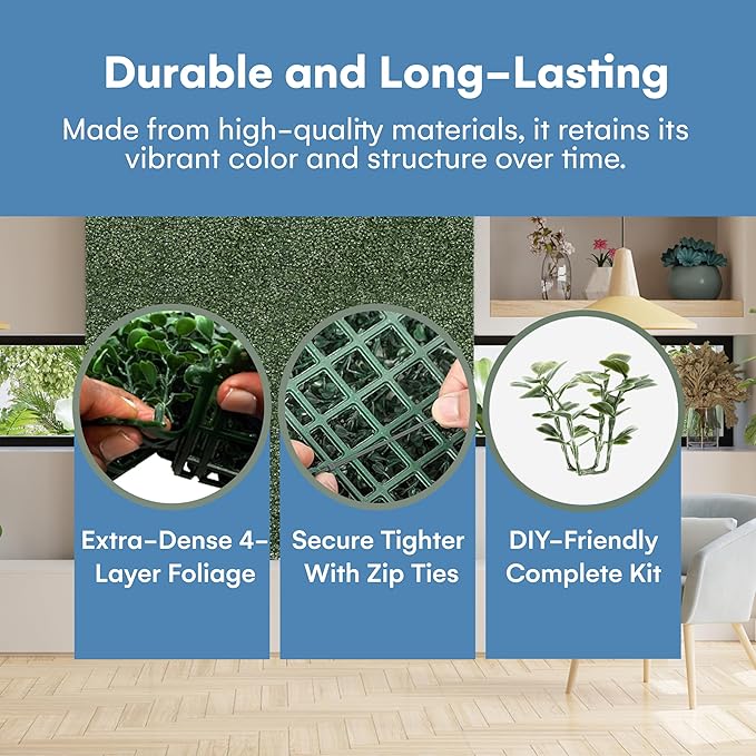 Grass Wall Panels 20″ × 20″ (6 Pack) – UV-Protected Artificial Boxwood Hedge Greenery Backdrop Covers 16.66 sq ft, Indoor/Outdoor Privacy Fence Screen, Zip Ties & Spare Leaves Included