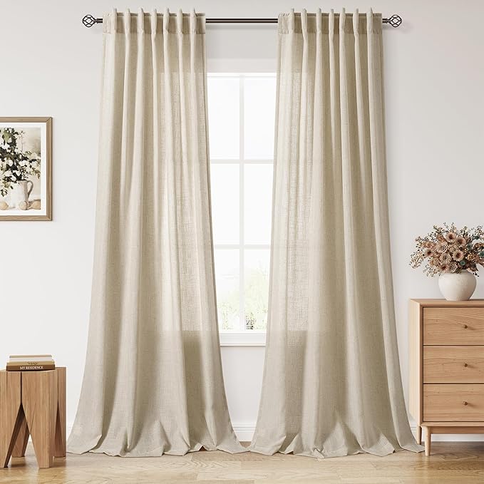 Nanspring Eggshell Beige 108 Inch Curtains for Living Room Linen Blend Long Light Filtering Semi Sheer Curtain Back Tab Rustic Decor Neutral Floor to Ceiling High Window for Bedroom 52x108, 2 Panels
