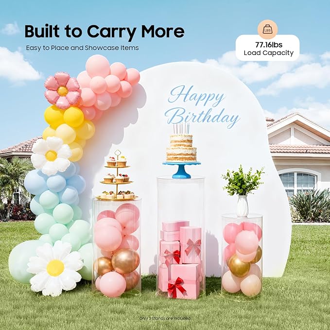 3 Pcs Wedding Cylinder Stands, Clear Acrylic Round Pedestal Stand, Floor Standing Clear Cylinder Stands for Wedding Birthday Party 23.6'', 29.5'', 35.4'' H