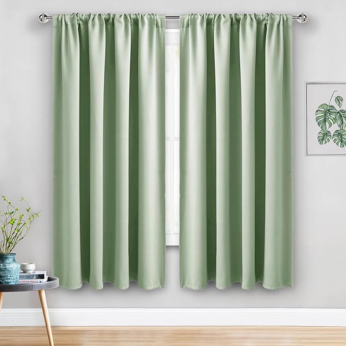 JIUZHEN Blackout Curtains for Bedroom - Thermal Insulated Room Darkening Noise Reducing, 52 x 63 Inch Length Curtains for Living Room, Set of 2 Panels with Tiebacks, Light Green
