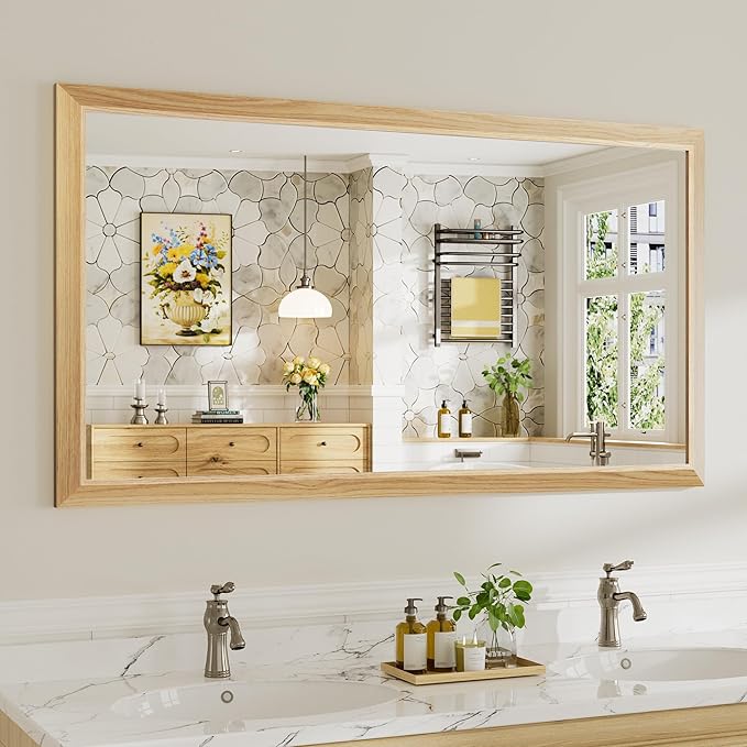 55x30 Inch Bathroom Mirror for Wall, Anti-Rust Oak Wood Grain Metal Framed Bathroom Mirrors for Over Sink,Rectangler Mirrors for Bathroom Vanity, Farmhouse, Bedroom, Living Room, Entryway Decor
