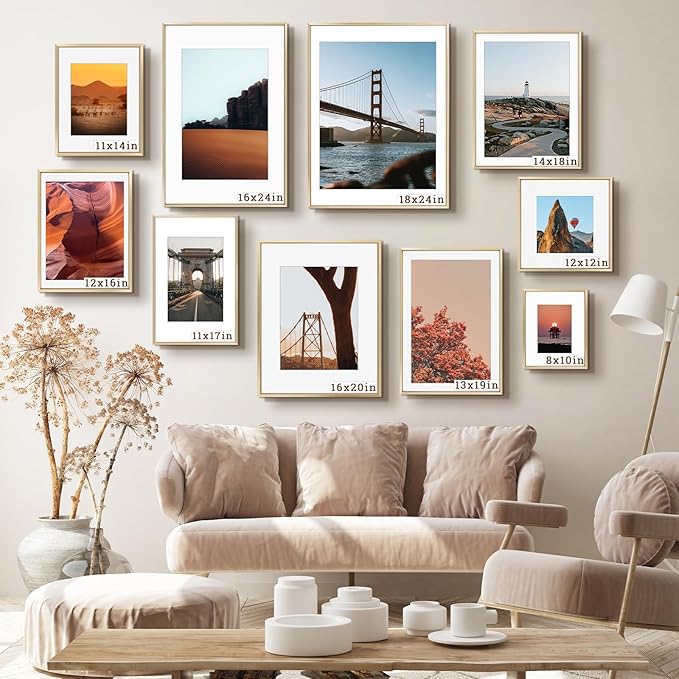 Frametory, 12x16 Metal Picture Frame with Mat for 11x14 Picture & Real Glass, Aluminum Photo Frame Collection (Gold, 2 Pack)