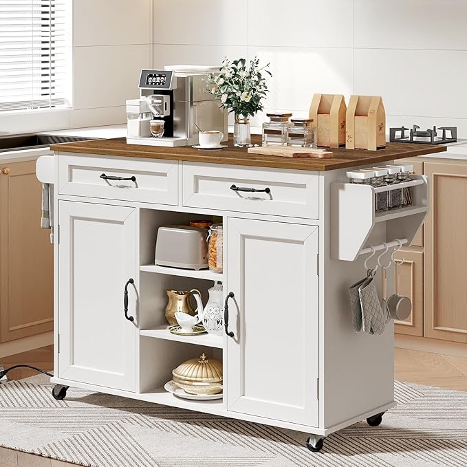 Kitchen Island with Power Outlets & Drop Leaf, Kitchen Cart with Storage, Drawer and Spice Rack, Tower Rack, Island Table, White and Walnut