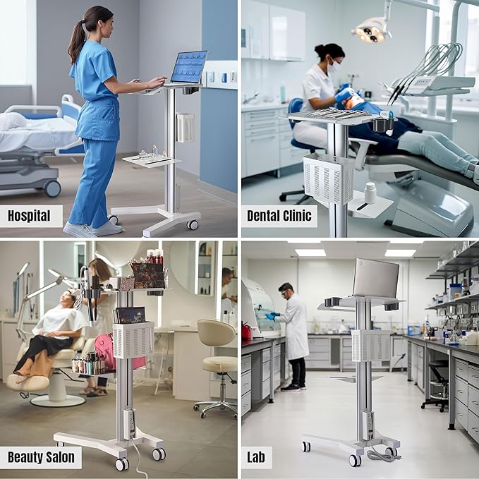 Yescom Medical Mobile Laptop Cart Rolling PC Stand Computer Workstation on Wheels with Handle 220 Lbs Capacity CPU Printer Power Strip Holder for Dentistry Clinic Lap Hospital White