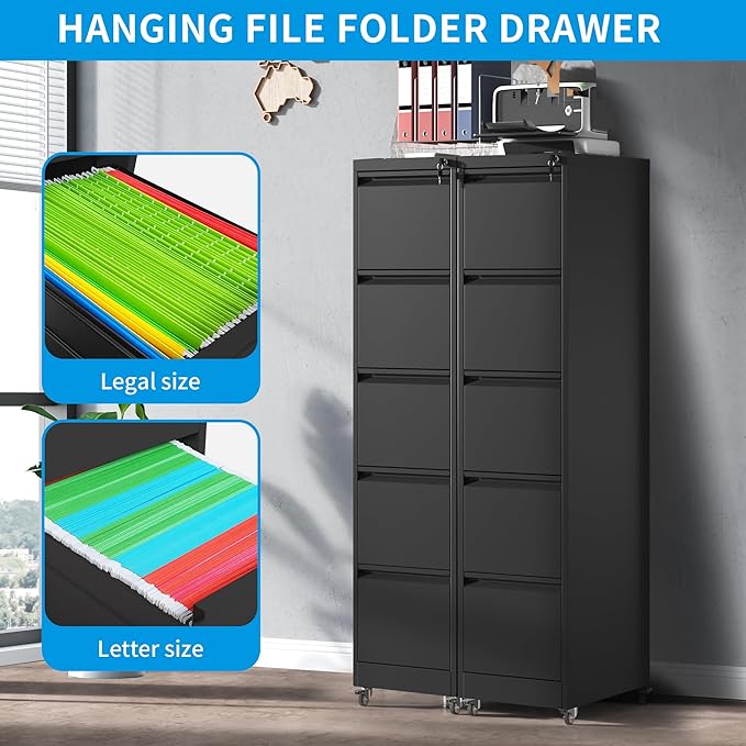 5 Drawer Rolling File Cabinet with Lock, Metal Filing Cabinets on Wheels, Vertical Steel Office Drawers Storage for Hanging Legal/Letter Folders, Require Assembly (Black)