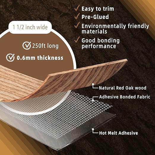 GSCIT Club Red Oak Edge Banding, 1 1/2 inch x 250ft roll of Veneer Edge Banding - Pre-glued Flexible, Real Wood Tape for Cabinet Repair & Furniture Restoration