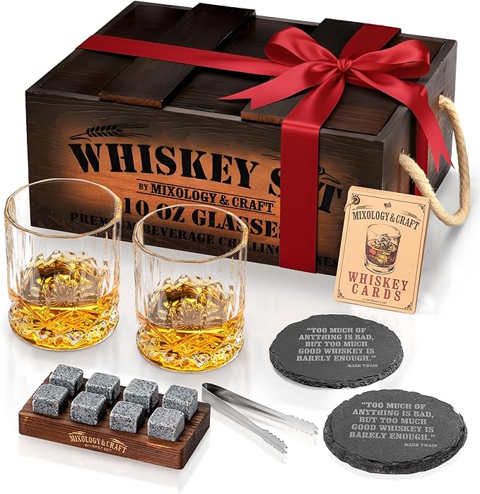 Mixology & Craft Whiskey Gift Set, Whiskey Glass Set with Rustic Wooden Crate, 8 Granite Whiskey Rocks Chilling Stones, 10oz Glasses, Raffle Gift for Men, Dad, Husband, Boyfriend - Jameson Dark Brown