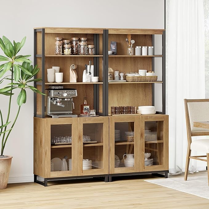 WAMPAT 2 PCS Modern 72" Tall Bookcases with Glass Doors and Adjustable Shelves, Library Book Shelf with Storage Cabinet and Open Book Shelfs, Wood Bookshelves for Home Office, Living Room, Oak