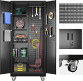 Broom Closet Storage Cabinet with Wheels and Pegboard,Metal Garage Storage Cabinet with Doors and Adjustable Shelves for Garage Home,Required Assembly,Black