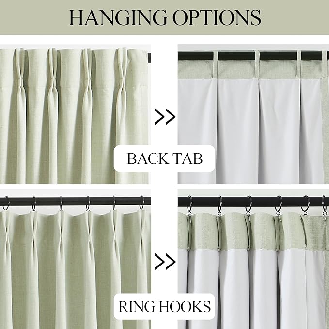 Vision Home Soft Green Pinch Pleated Full Blackout Curtains Linen Blended Room Darkening Window Panels 108 inch for Living Room Bedroom Thermal Insulated Pinch Pleat Drapes with Hooks 60" Wx108 Lx1