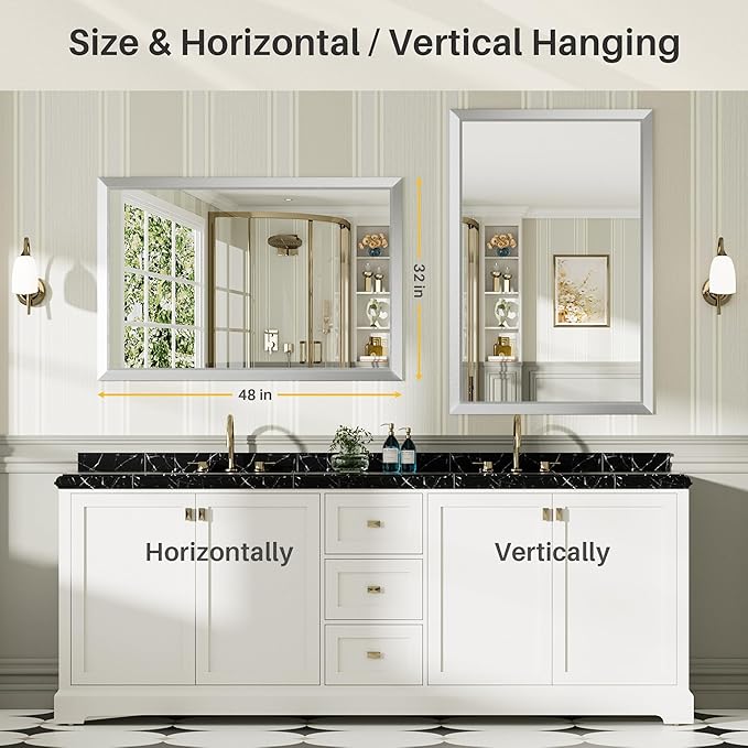 48x32 Inch Brushed Nickel Bathroom Mirror for Wall, Thick Metal Framed Rectangle Mirrors for Over Sink, Bedroom, Living Room, Entryway, Anti-Rust, HD Tempered Glass