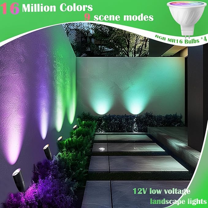 RGB Low Voltage Landscape Lighting Kit, 12 Volt Color Changing Landscape Lights, IP65 Weatherproof Aluminum Outdoor Uplights, Smart Outdoor Spotlights for Tree Lawn