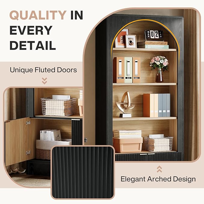 Tribesigns 71" Tall Office Storage Cabinet with Doors, Arched Bookshelf File Organizer with Storage and Shelves, Modern Farmhouse Standing Bookcase for Home Office, Printer Storage, Black