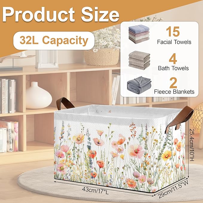 32L Large Storage Bins with Handles, Basket Organizer for Shelves, Closet, Books, Laundry & Home Decor (Flower Cluster)