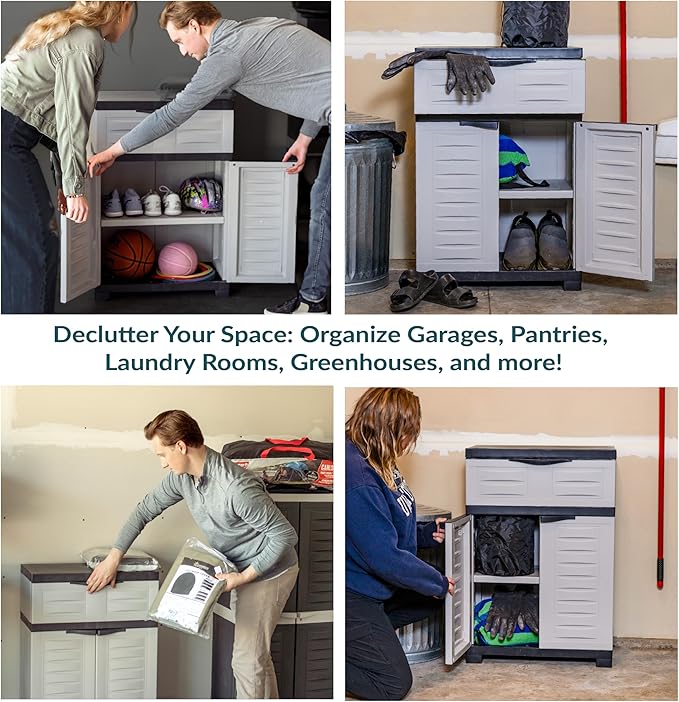 Sunnydaze Plastic Garage Storage Cabinet with Adjustable Shelf - 34.5" H - Garage, Office, Home, Laundry Room - Gray