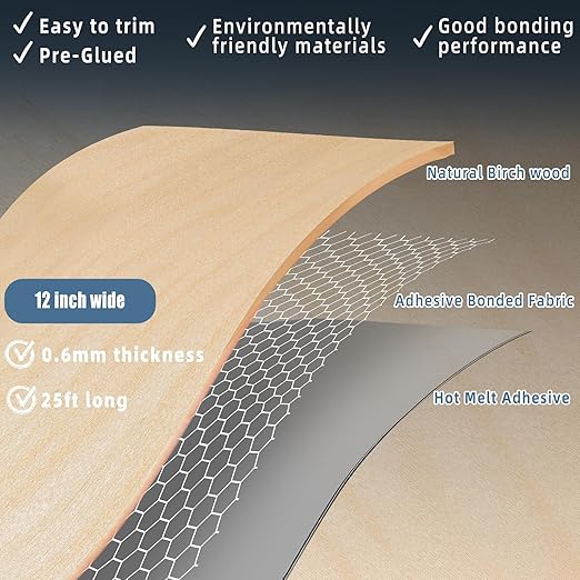 Birch Wood Veneer, 12 inch x 25ft Wood Edge Banding Pre-glued Flexible, Veneer Tape Banding for Cabinet Repair Furniture Restoration