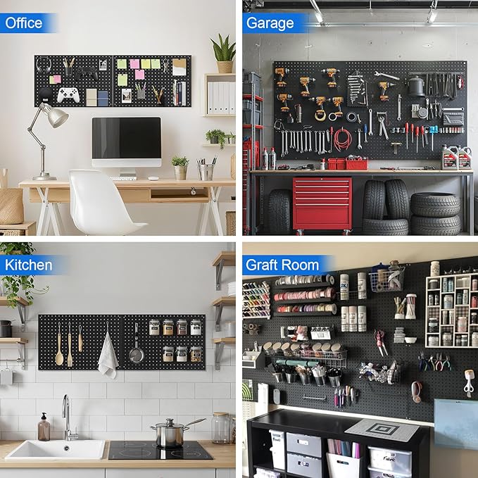 Peg Board, 3 Pack Metal Pegboard Panels Black Pegboards Wall Organizer with Frame Large Heavy Duty Peg Board with Hooks for Walls Home, Garage Tool Storage, Office, Craft Room, Kitchen 24”×16”