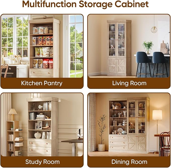 Vyre 71" Tall Farmhouse Bookshelves with Glass Doors, Set of 4 – Large Modular Bookcase with Adjustable Shelves, Storage Cabinet for Living Room, Kitchen, Home Office, Brown