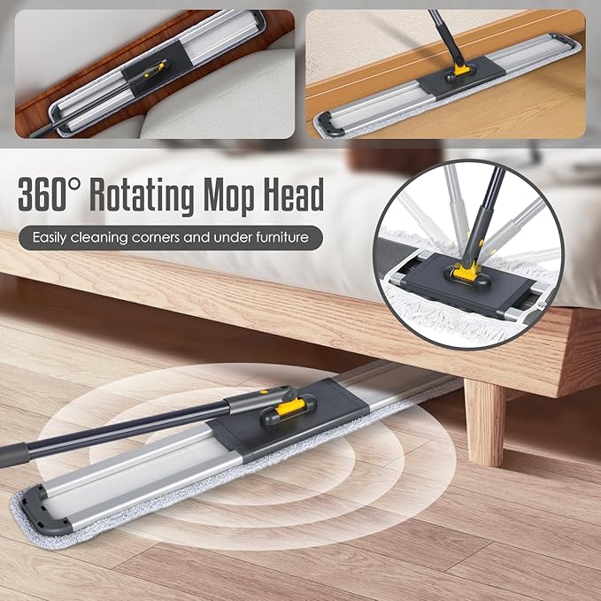 36 Inch Commercial Industrial Floor Mop, Long Handle, Washable Cotton and 2 Microfiber Mop Pads, Heavy Duty Wet and Dry for Hardwood, Tiles, Laminate