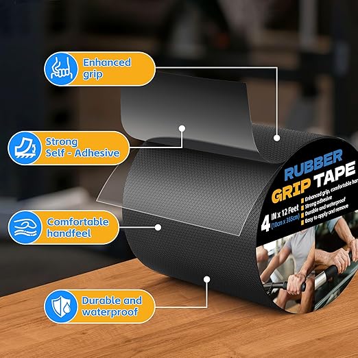 Rubber Grip Tape, 4 in x 12 Ft Black Ultra-Thin Strong Adhesive Non-Slip Tape, Anti-Slip Grip Tape for Handles, Waterproof Heat Resistant Cushion Grip, Comfortable in Hands