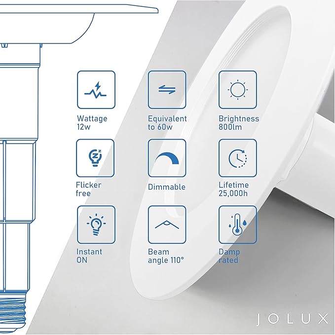 Jolux 12-Pack 5/6" Retrofit LED Recessed Lighting,12W=60W,5000K Daylight,800 Lumens,Dimmable Can Lights,Damp Rated,Simple Installation Adjustable Retrofit Downlight,ETL,Bevel Trim