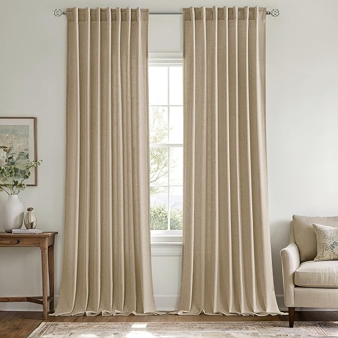 MIULEE Non-See-Through Privacy Linen Curtains 2 Panels, Light Filtering Window Curtains Farn House Textured Back Tab Semi Sheer Drapes for Bedroom Living Room, 52 x 96 Inches Long, Copper Brown