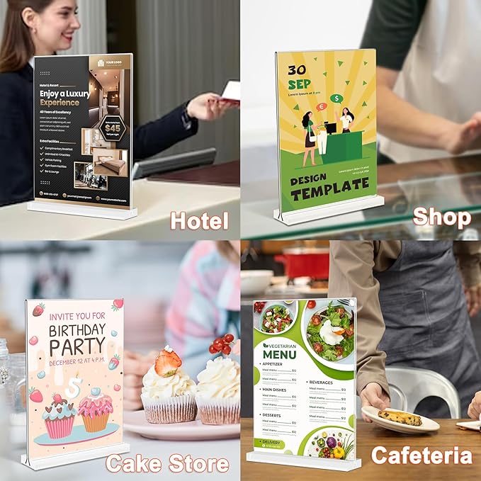 Acrylic Sign Holder 4x6 Inches 6 Pack T Shape Desktop Display Stand Vertical Double Sided Clear Table Menu Flyer Holder for Restaurants, Office, Shop, Wedding